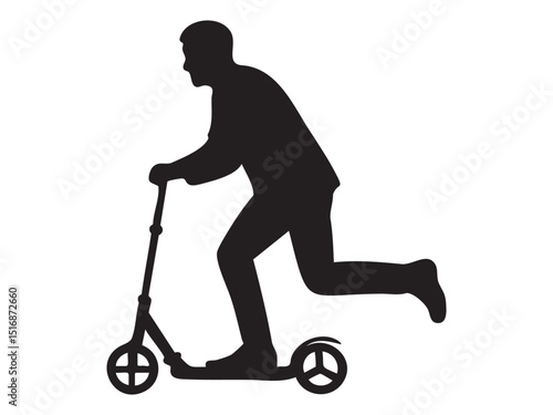 Black Silhouette of man riding kick scooter in motion, isolated on white background, illustration. concept of transportation, outdoor activity, sport, leisure, urban commute