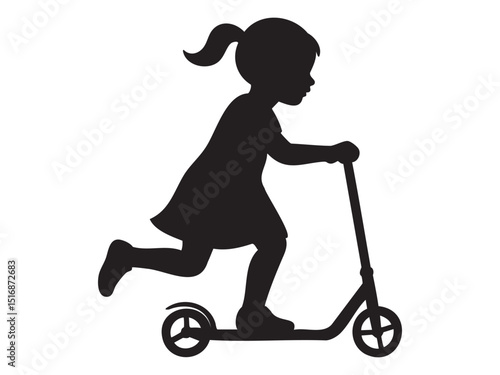 Black silhouette of a child girl riding a kick scooter, isolated on white background, graphic illustration. concept of children, play, activity, fun, outdoor games, sport, icon.