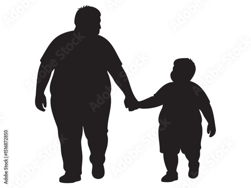 Black silhouette of an overweight man walking with child boy hand in hand, isolated on white background. concept of family, bonding, parenthood, father and son relationship, design element