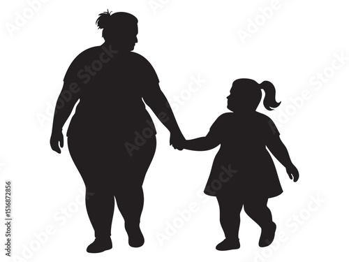 Black silhouette of an overweight woman holding hands with child girl, isolated on white background, graphic illustration. concept of family, friendship, parenting, connection, mother and daughter