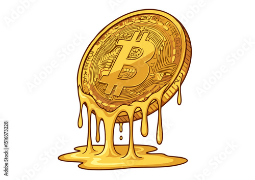 Meltdown A Visually Striking Illustration of Cryptocurrency Market Volatility and the Uncertain Future of Digital Assets, Depicting a Melting Gold Bitcoin Coin