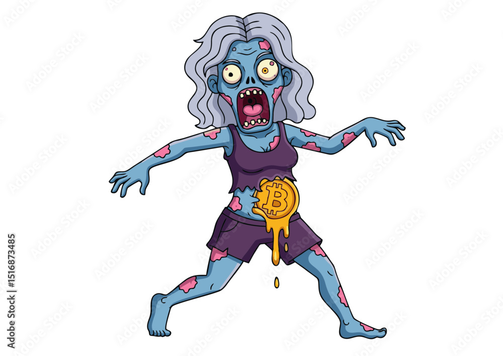 Obraz premium Zombie Apocalypse A Spooky Illustration of a Decaying Female Zombie with a Melted Gold Coin Embedded in Her Abdomen