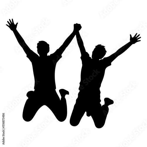 Silhouette of two people jumping with arms raised in the air holding hands in black and white image