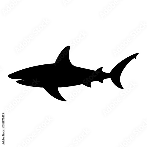 Silhouette of a shark swimming with dorsal fin and tail fin isolated on a white background view from the side