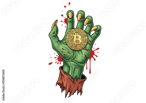 Zombie Hand Grasping Bitcoin A Ghoulish Representation of Cryptocurrency's Volatility and Uncertain Future