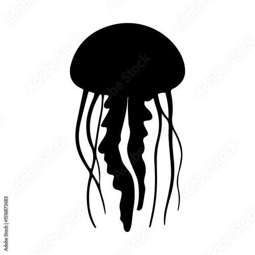 Silhouette of a jellyfish with long tentacles and a rounded bell shape on a white isolated background