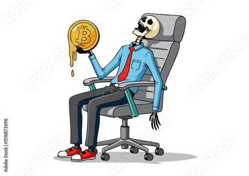 Skeletal Businessman's Melting Bitcoin A Dark Humorous Illustration on Cryptocurrency Volatility and Financial Risk