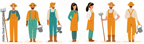 Diverse group of farmers in overalls with tools and watering cans