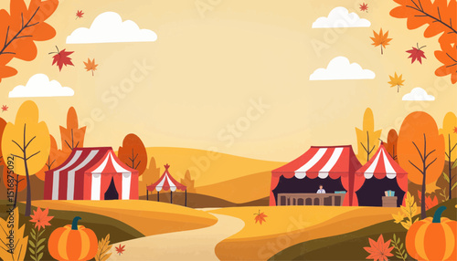 Colorful autumn festival scene with striped tents and pumpkins  