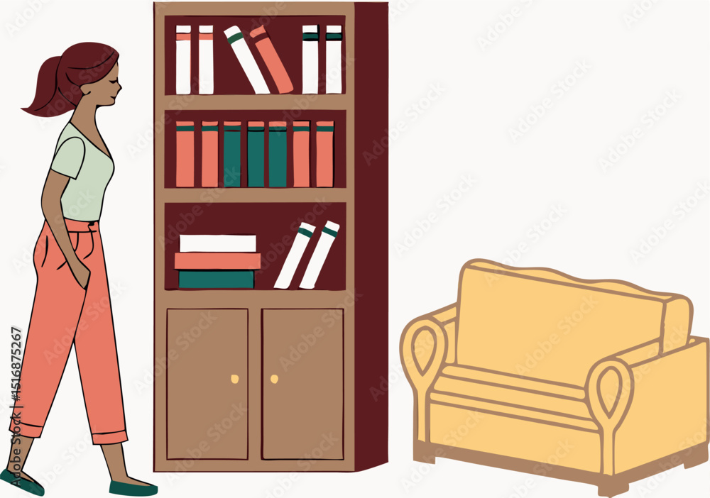 Fototapeta premium Woman walking past a bookshelf and a comfortable yellow armchair