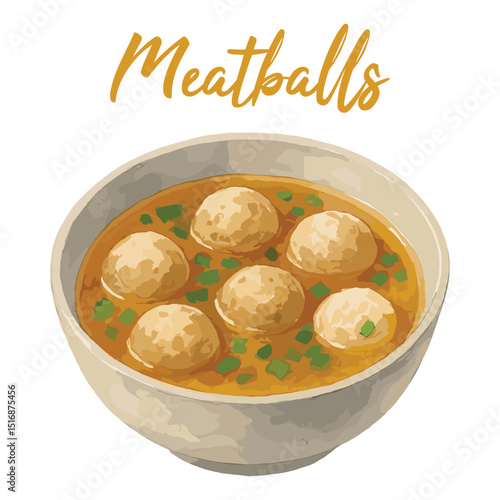 meatball soup in watercolor illustration style, isolated vector on white background