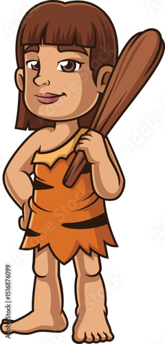 Cartoon young cavewoman with wooden bat vector illustration
