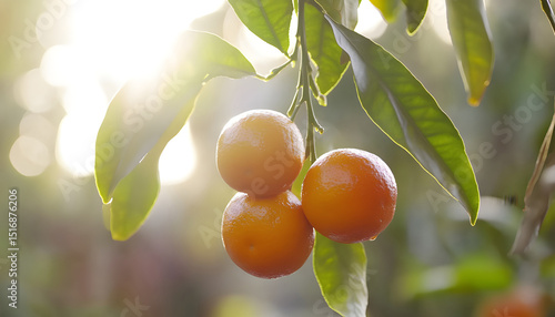 Bunch of fresh ripe oranges hanging on a tree in orange garden
