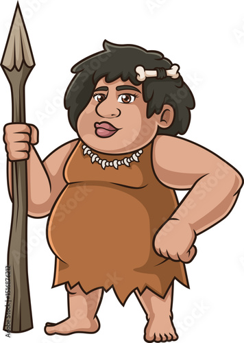 Cartoon middle aged cavewoman with spear vector illustration