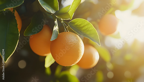 Bunch of fresh ripe oranges hanging on a tree in orange garden