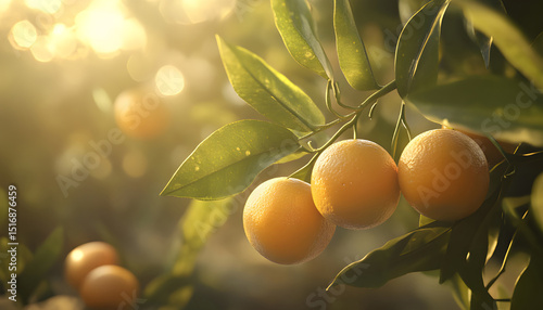 Bunch of fresh ripe oranges hanging on a tree in orange garden
