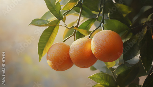Bunch of fresh ripe oranges hanging on a tree in orange garden