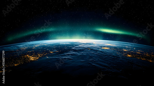 Earth At Night From Space With Aurora Glow