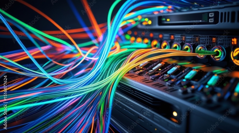 Glowing fiber optic cables transfer digital data fast through server. High-speed communication tech in neon-lit background Glowing fiber optic cables transfer digital data fast through server. High-speed communication tech in neon-lit background