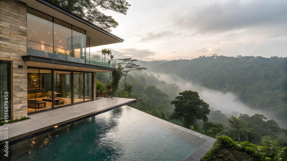 Fototapeta premium Une villa de luxe avec une piscine à débordement suspendue surplombant une vallée de forêt tropicale