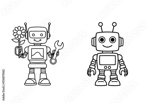 Cartoon robots holding a flower and wrench in black and white for coloring  