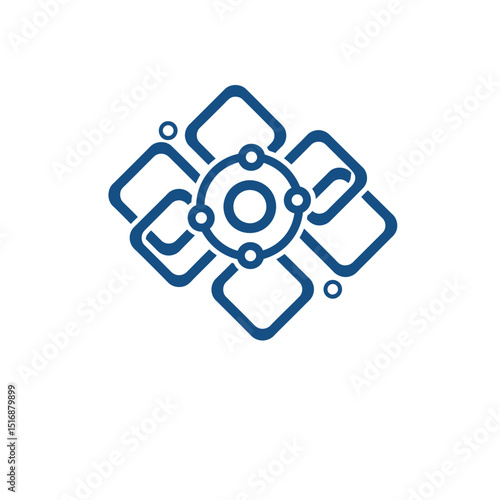 Abstract logo design featuring interconnected squares and circles in shades of blue on white