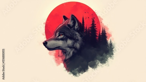 Digital art of a wolf profile against a red sun and forest