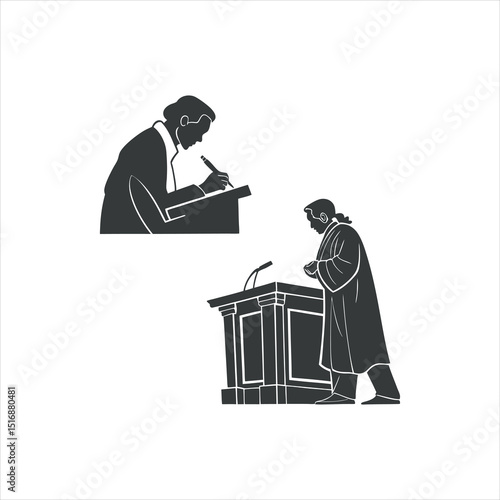 vector set of silhouettes of lawyers giving speeches in courtroom