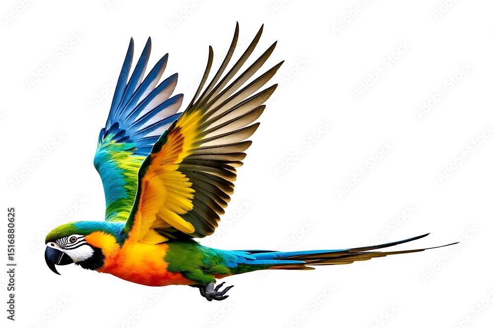 Fototapeta premium Vibrant blue gold macaw in flight isolated on white