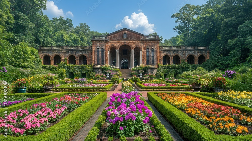 Obraz premium Grand estate gardens with historic building