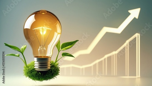  Lightbulb with sprouting plant and graph, showing idea growth, eco investment, renewable innovation, green energy startup
