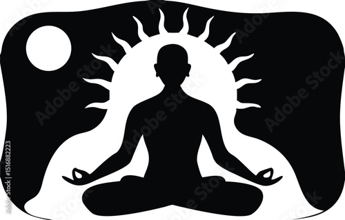 Meditation Silhouette with Sun Rays and Moon Symbol

