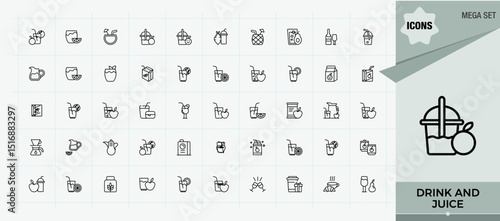 Drink And Juice icon collection. Icons for application. Contain linear symbols bar, soda, cocktail, drinks, beverage, drink. Vector illustration. Bar icon set.