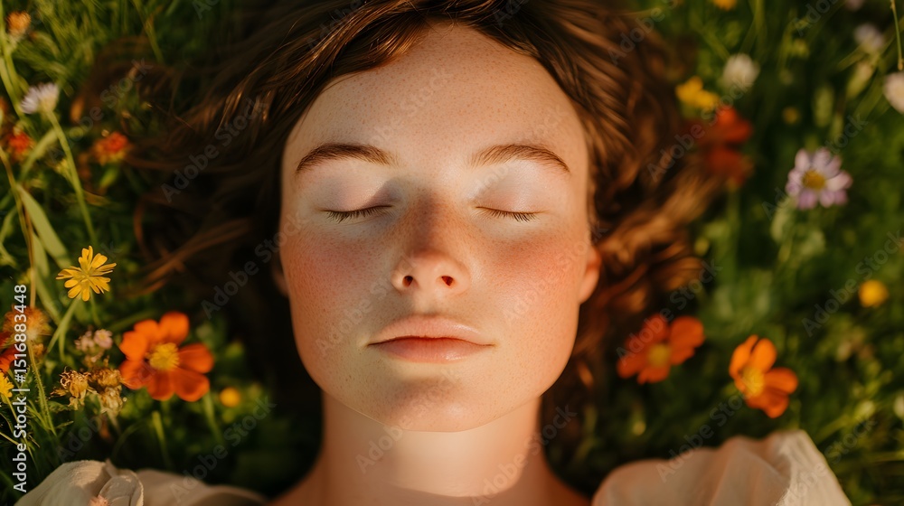 Peaceful woman lying in grass with eyes closed, surrounded by orange flowers, meditative expression, calm natural state, summer dreamscape portrait, emotional healing vibe
Peaceful woman lying in grass with eyes closed, surrounded by orange flowers, meditative expression, calm natural state, summer dreamscape portrait, emotional healing vibe