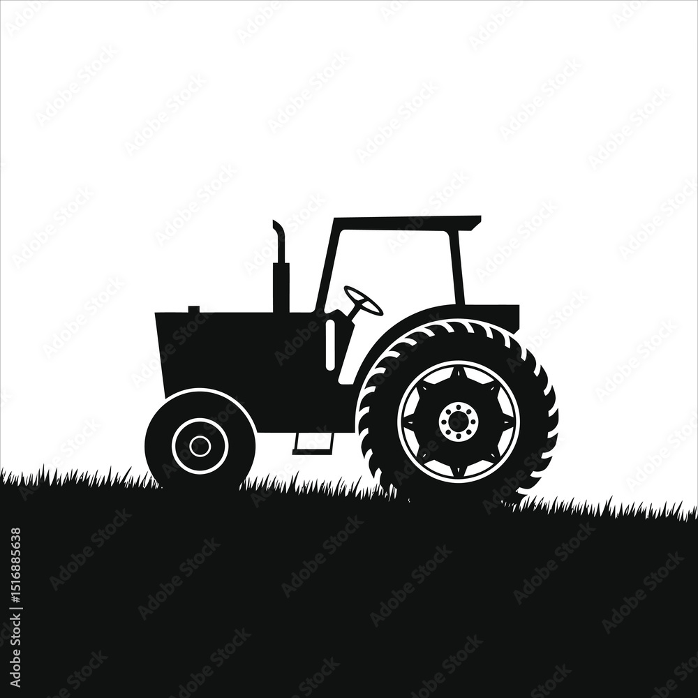 Obraz premium Simple black vector silhouette of a farm tractor on a field./A stylized, black silhouette of a tractor, positioned on a field of grass, set against a neutral background.