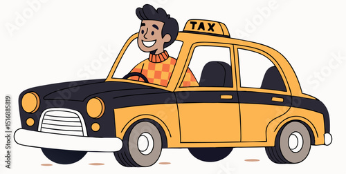 Cartoon taxi driver smiling in a classic yellow taxi cab