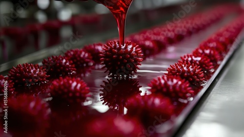Red spherical candies on a conveyor belt, being coated