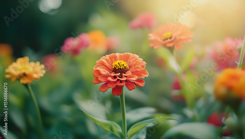 Colorful zinnia blooms in a garden backdrop