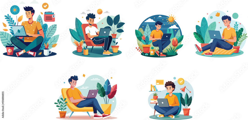 Fototapeta premium Freelancer working at a home flat set vector illustration