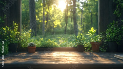 Sunlight streams through a window onto a rustic wooden surface, surrounded by greenery