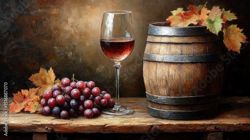 Still life painting of wine, grapes, and barrel