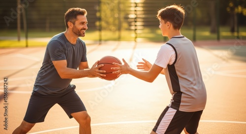 Father and son playing basketball on an outdoor court, sharing a ball in a joyful moment.