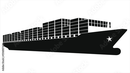 Simple black and white vector silhouette of a large cargo ship./A clean, minimalist silhouette of a large container ship against a neutral background.