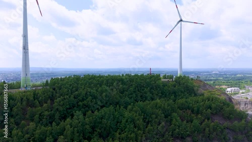 Drone view of a wind turbine in Osnabrueck, Germany (Rundwanderweg Piesberg Nord)