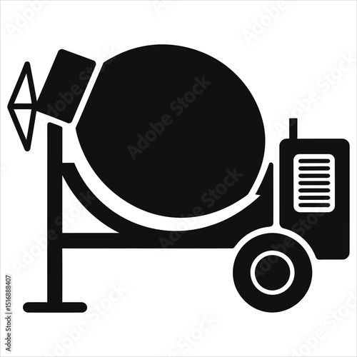 Simple Black and White Concrete Mixer Truck Vector Silhouette/A clean, minimalist illustration of a concrete mixer truck.