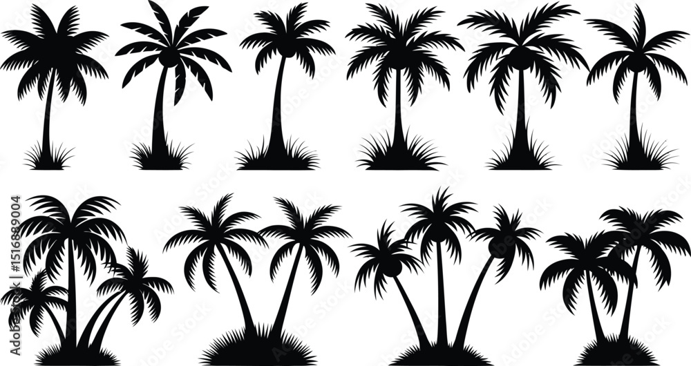 Fototapeta premium palm trees silhouette set, tropical coconut, isolated on white background