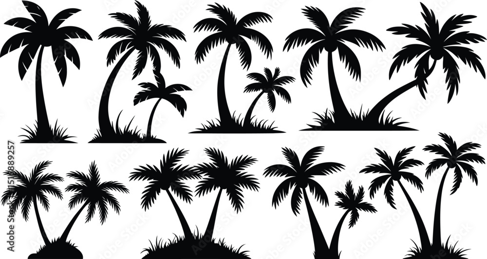 Obraz premium palm trees silhouette set, tropical coconut, isolated on white background