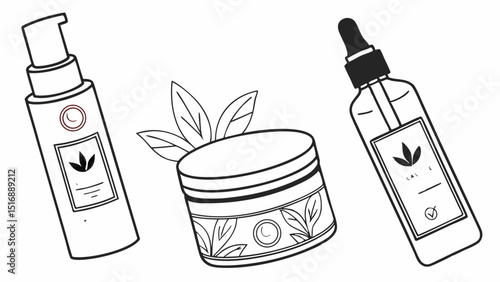Illustration of three skincare products including a pump bottle, cream, and serum bottle