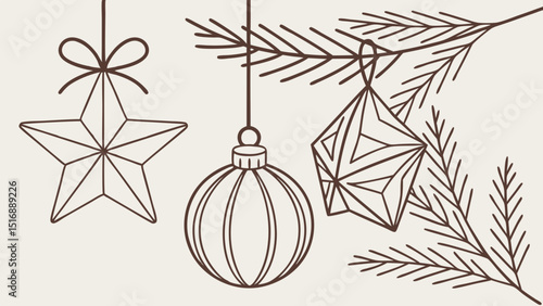 Christmas tree branch with star ornament ball and faceted geometric decoration hanging down line art
