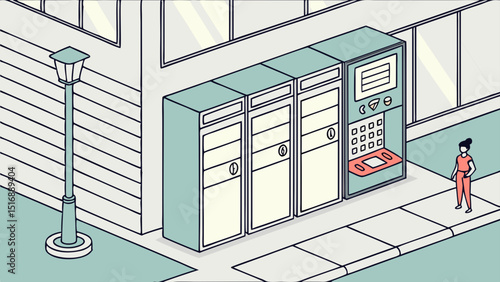 Isometric view of a woman standing near parcel lockers with a control panel on a sidewalk outside a building